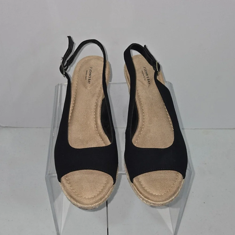 St Johns Bay SJB Lindy Black Wedge Sandal Memory Foam Espadrille 9M 106-1682